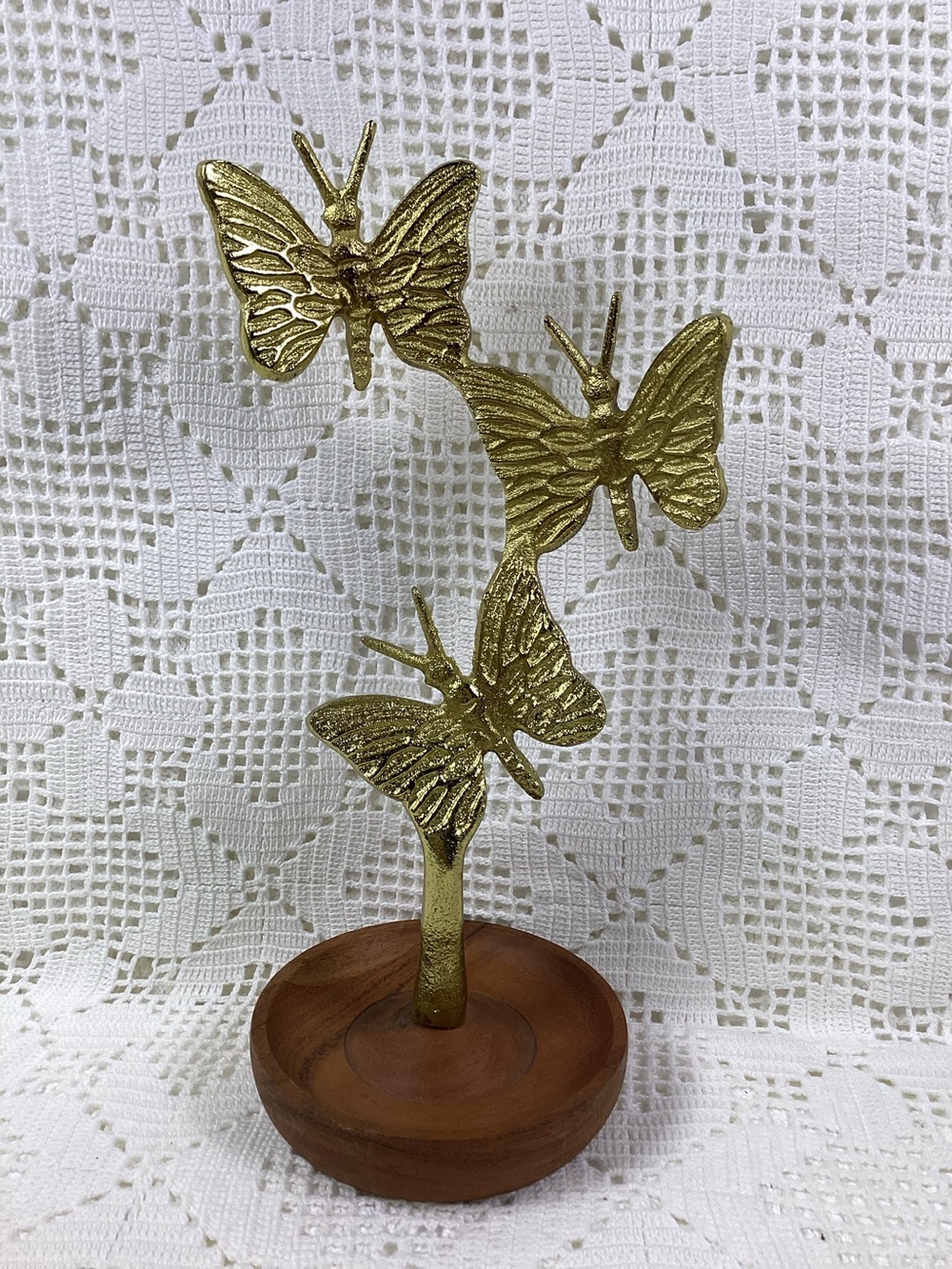 Gold Butterfly Tree on Wooden Dish 11”